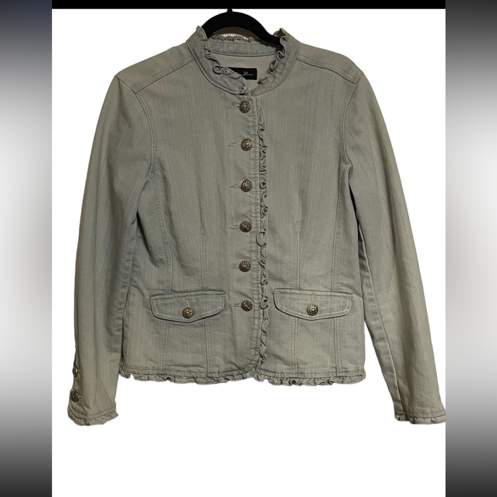Christiana Zinn light blue/green jeans jacket with ruffle hem‎ Size Medium